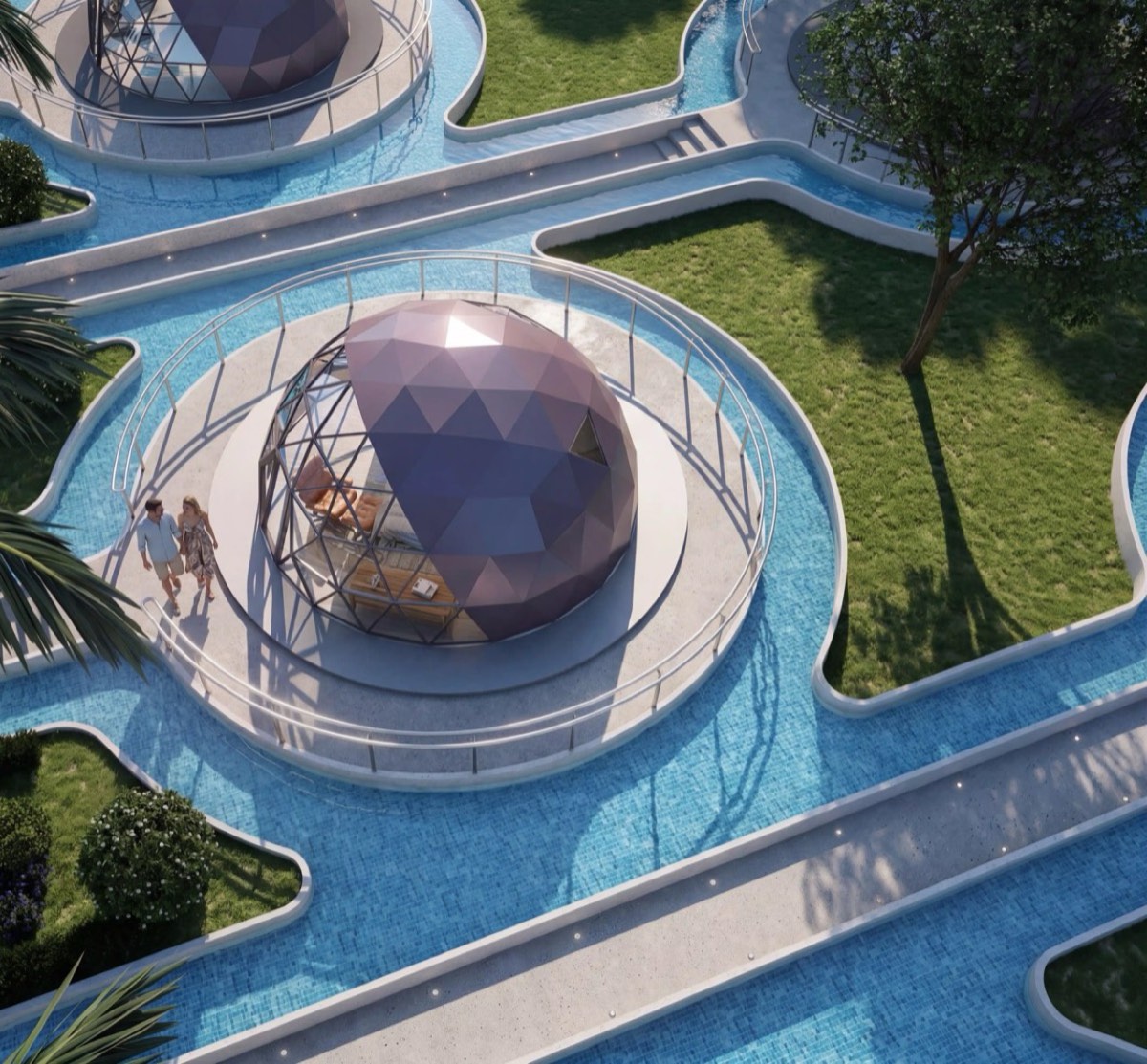 Signature glamping domes rendered in interactive detail