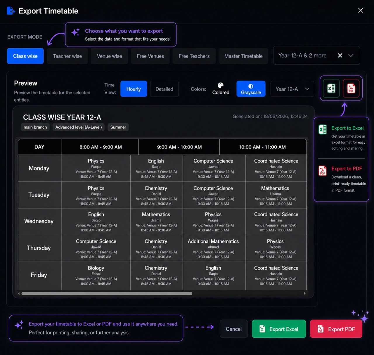 Class / teacher / venue exports to Excel and PDF