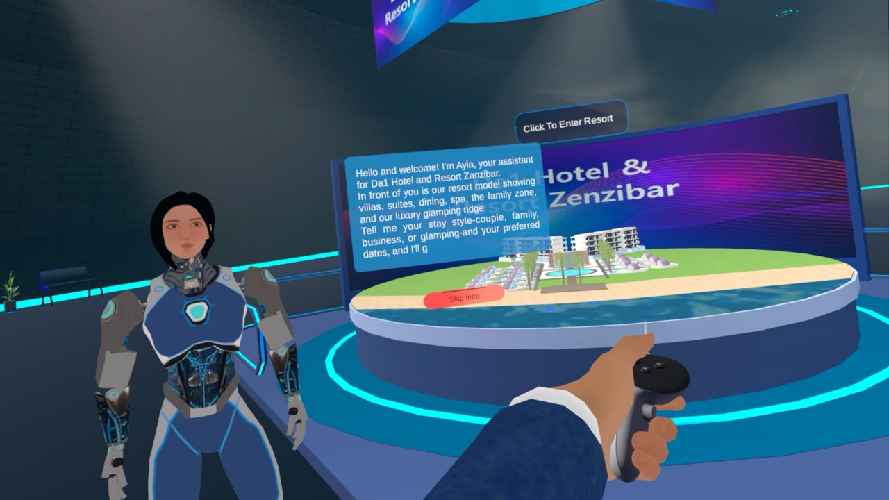 An AI concierge (“Ayla”) greets visitors at each booth