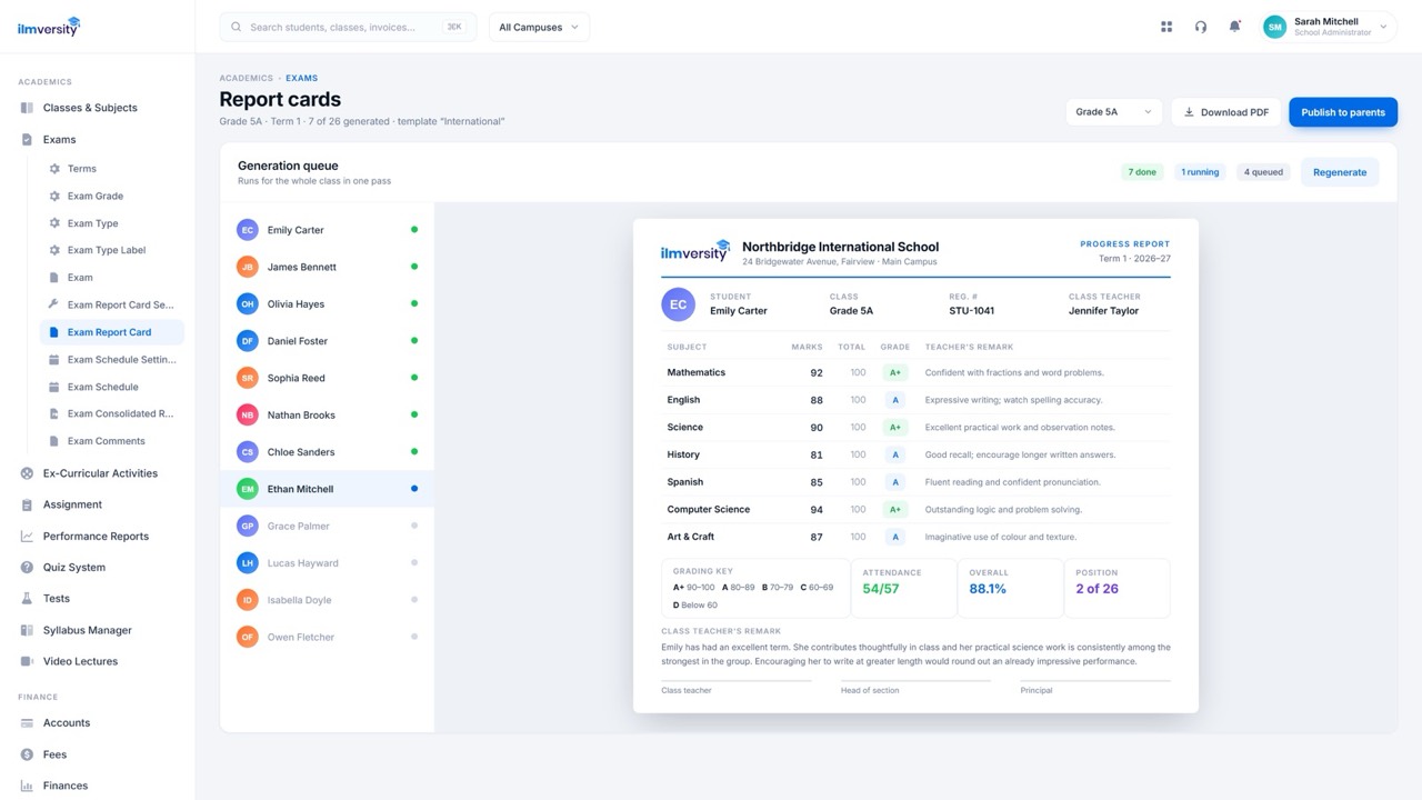 Automated report cards generated from live academic data
